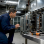 Technician inspecting commercial air system equipment