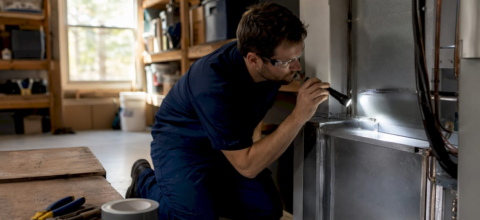Technician inspecting residential air conditioning plenum