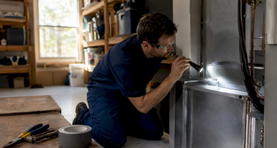 Technician inspecting residential air conditioning plenum