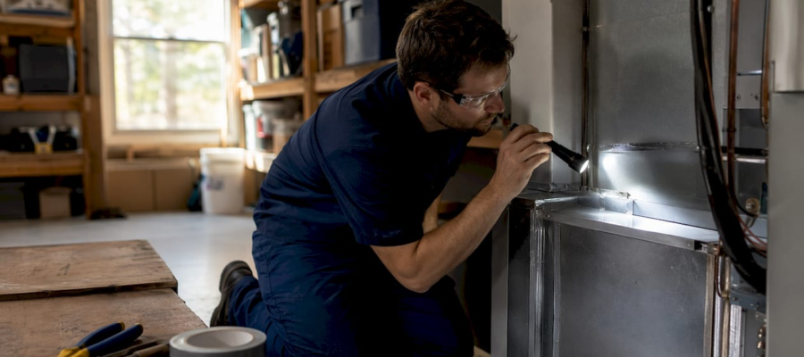 Technician inspecting residential air conditioning plenum