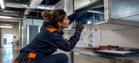 HVAC technician inspecting clinic duct system