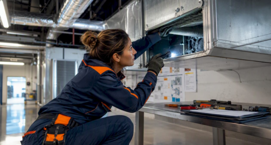 HVAC technician inspecting clinic duct system