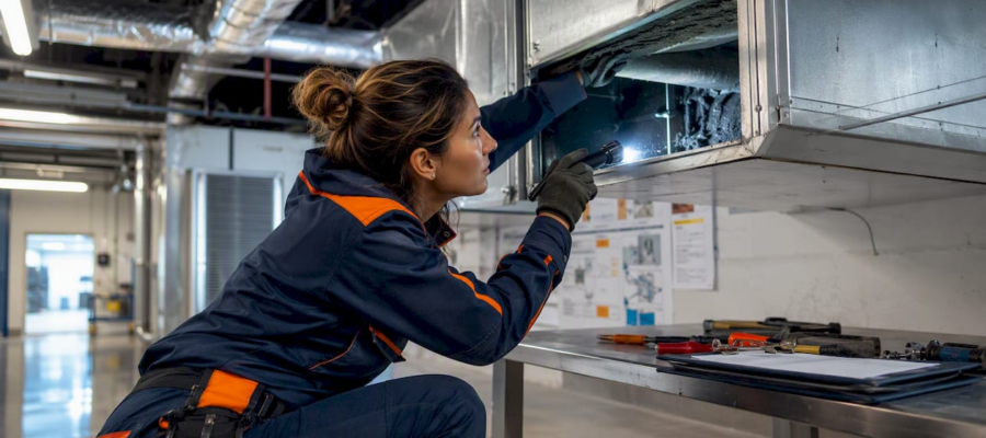 HVAC technician inspecting clinic duct system
