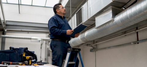Facility manager inspecting commercial HVAC ducts