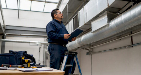 Facility manager inspecting commercial HVAC ducts