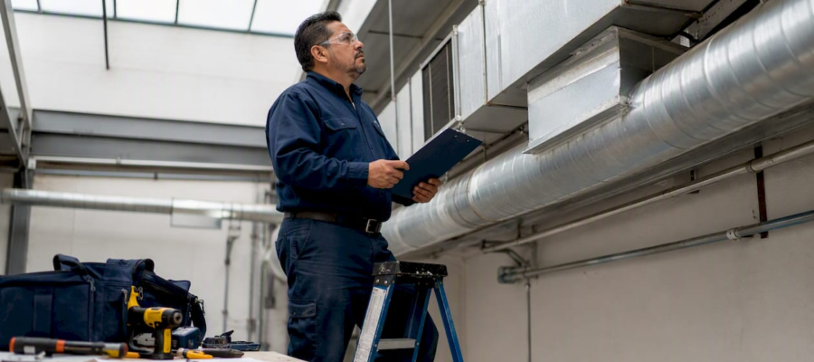 Facility manager inspecting commercial HVAC ducts