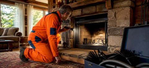Technician inspecting residential fireplace interior