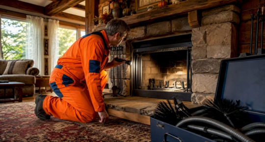 Technician inspecting residential fireplace interior