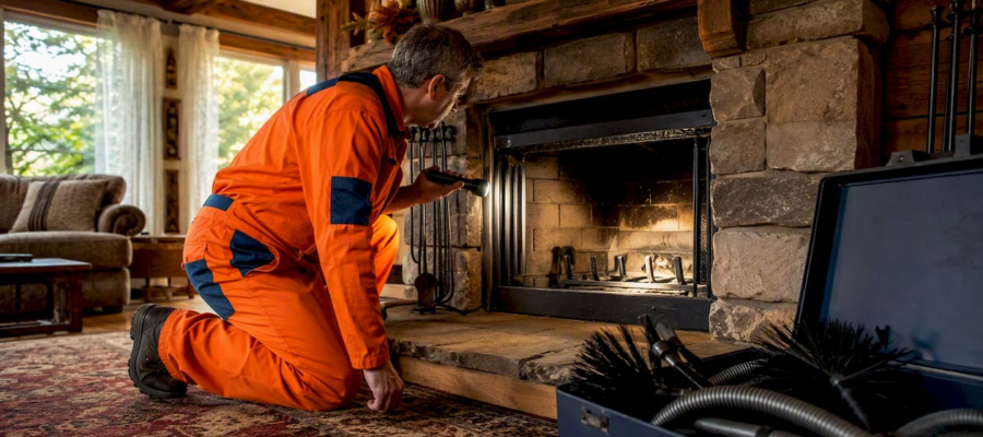 Technician inspecting residential fireplace interior