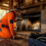 Technician inspecting residential fireplace interior