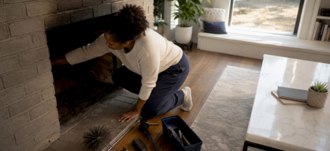 Homeowner inspecting fireplace interior