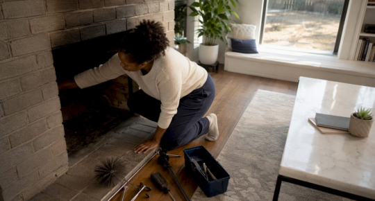 Homeowner inspecting fireplace interior