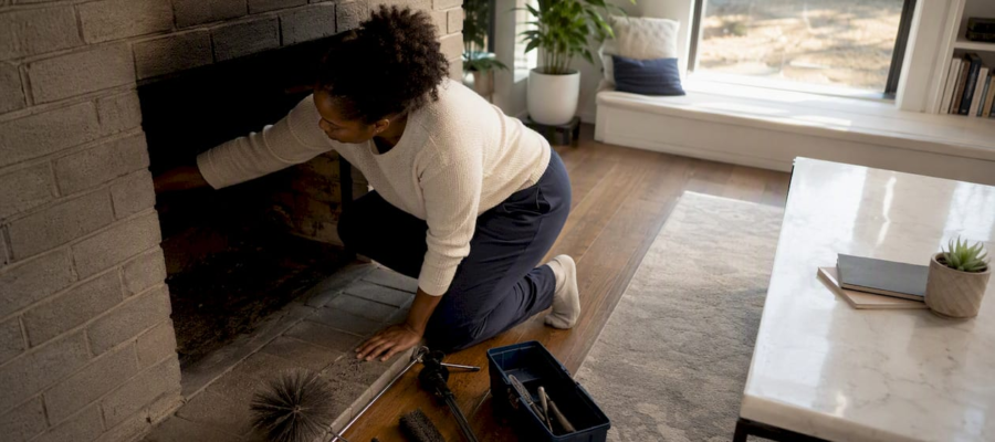 Homeowner inspecting fireplace interior