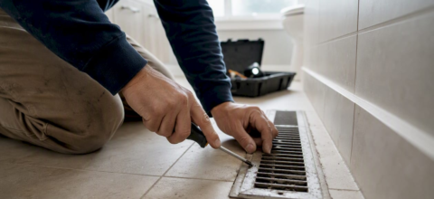 Hands removing vent register cover with screwdriver