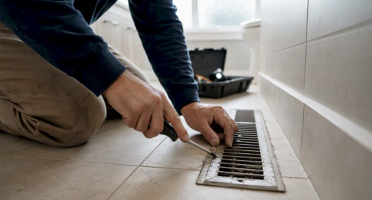 Hands removing vent register cover with screwdriver