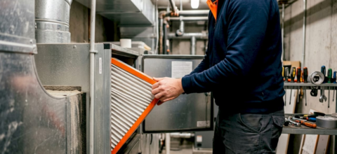 Technician replacing HVAC air filter