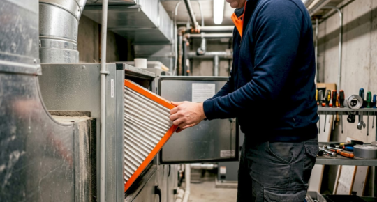 Technician replacing HVAC air filter