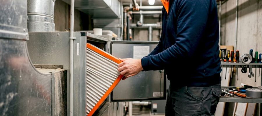 Technician replacing HVAC air filter