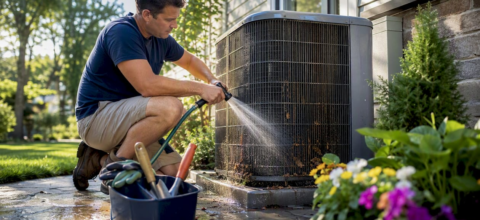 Homeowner cleaning outdoor HVAC condenser unit