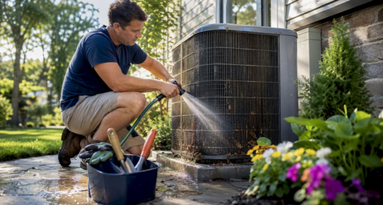 Homeowner cleaning outdoor HVAC condenser unit