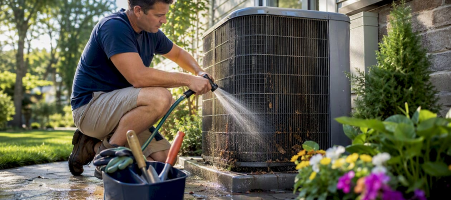 Homeowner cleaning outdoor HVAC condenser unit