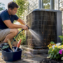 Homeowner cleaning outdoor HVAC condenser unit