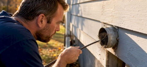 Homeowner inserting rotary brush into outdoor dryer vent