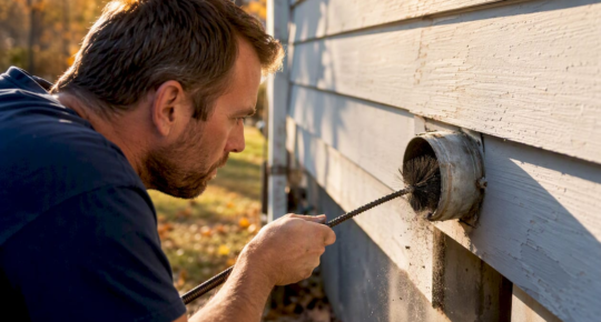 Homeowner inserting rotary brush into outdoor dryer vent
