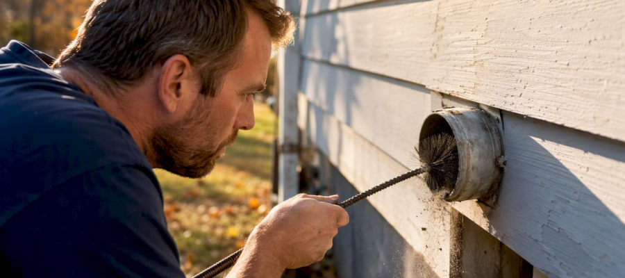 Homeowner inserting rotary brush into outdoor dryer vent
