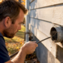 Homeowner inserting rotary brush into outdoor dryer vent