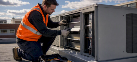 Technician inspecting school rooftop HVAC unit
