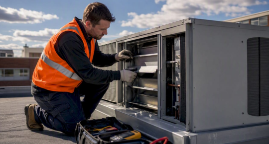 Technician inspecting school rooftop HVAC unit