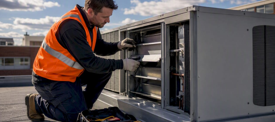 Technician inspecting school rooftop HVAC unit