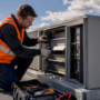 Technician inspecting school rooftop HVAC unit