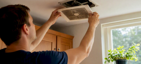 Tenant removing bathroom fan cover for inspection