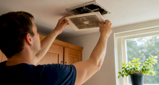 Tenant removing bathroom fan cover for inspection