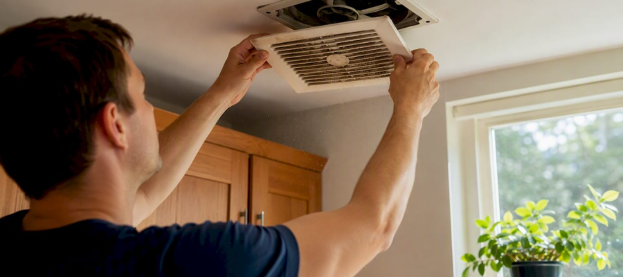 Tenant removing bathroom fan cover for inspection