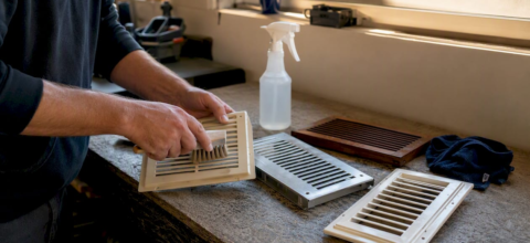 Hands cleaning plastic, metal, and wood vent covers
