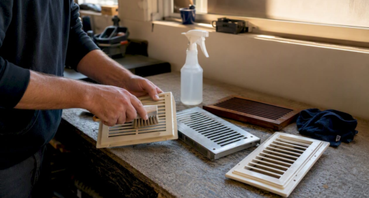 Hands cleaning plastic, metal, and wood vent covers