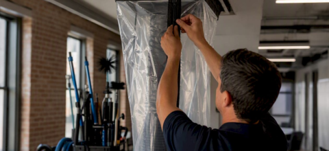 Technician sealing HVAC duct containment in office ceiling