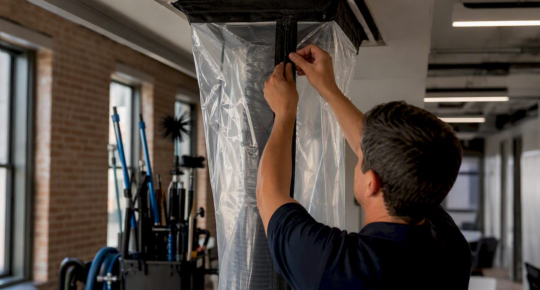 Technician sealing HVAC duct containment in office ceiling