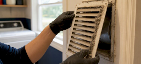 Hands removing dusty air vent cover