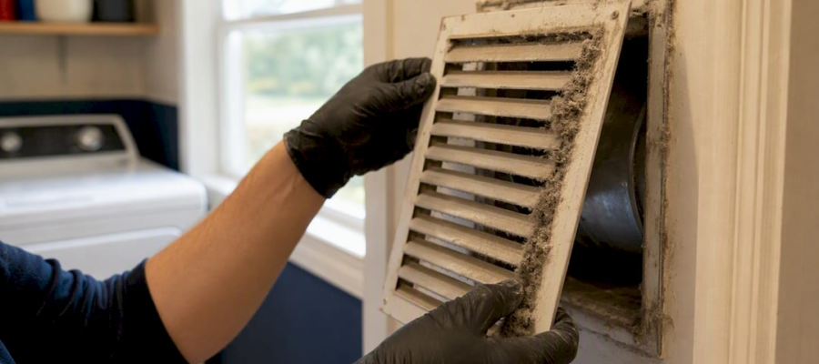 Hands removing dusty air vent cover