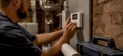 Hands adjusting thermostat in utility room