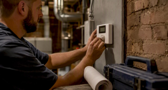 Hands adjusting thermostat in utility room