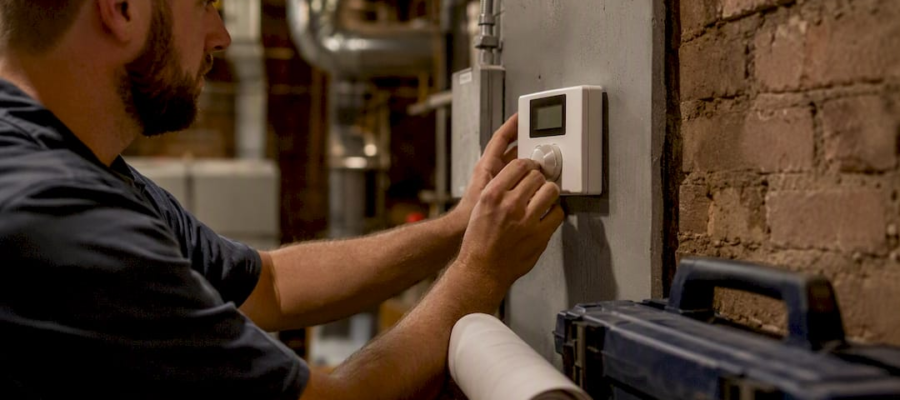 Hands adjusting thermostat in utility room