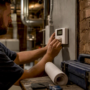 Hands adjusting thermostat in utility room