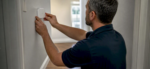 Technician installing air quality sensor indoors