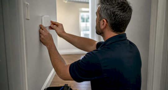 Technician installing air quality sensor indoors