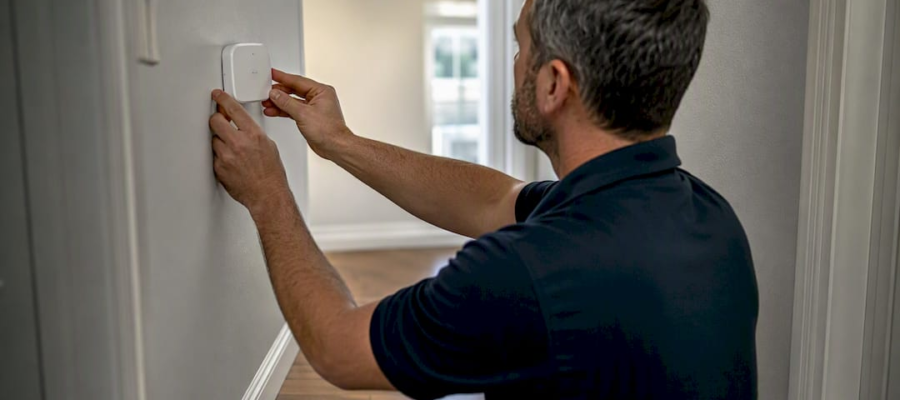 Technician installing air quality sensor indoors